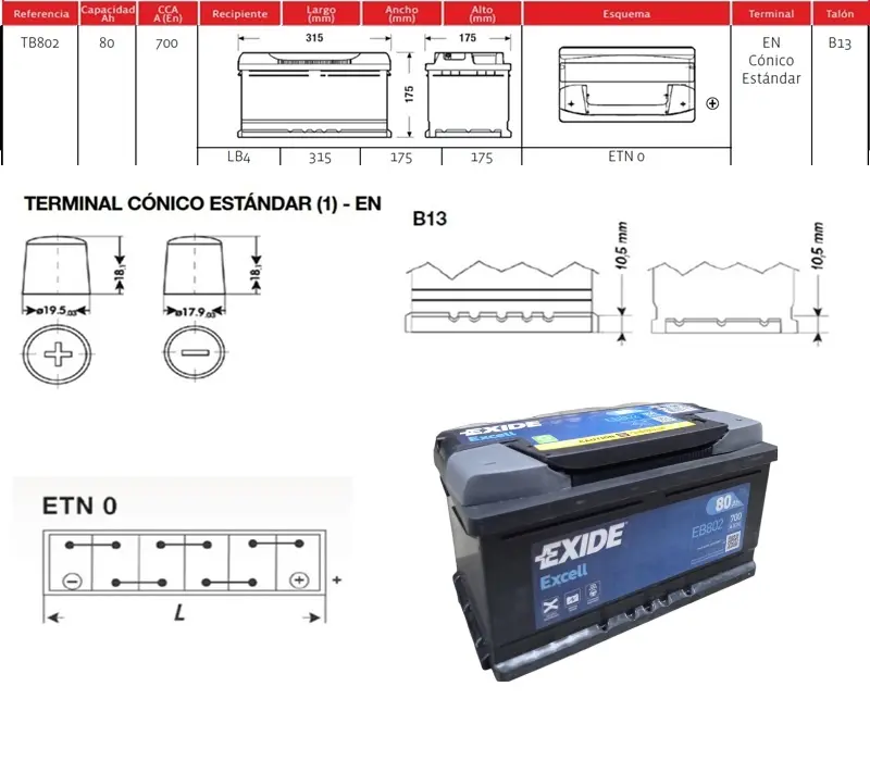 SERIE EXIDE EXCELL 80 AH 700 A