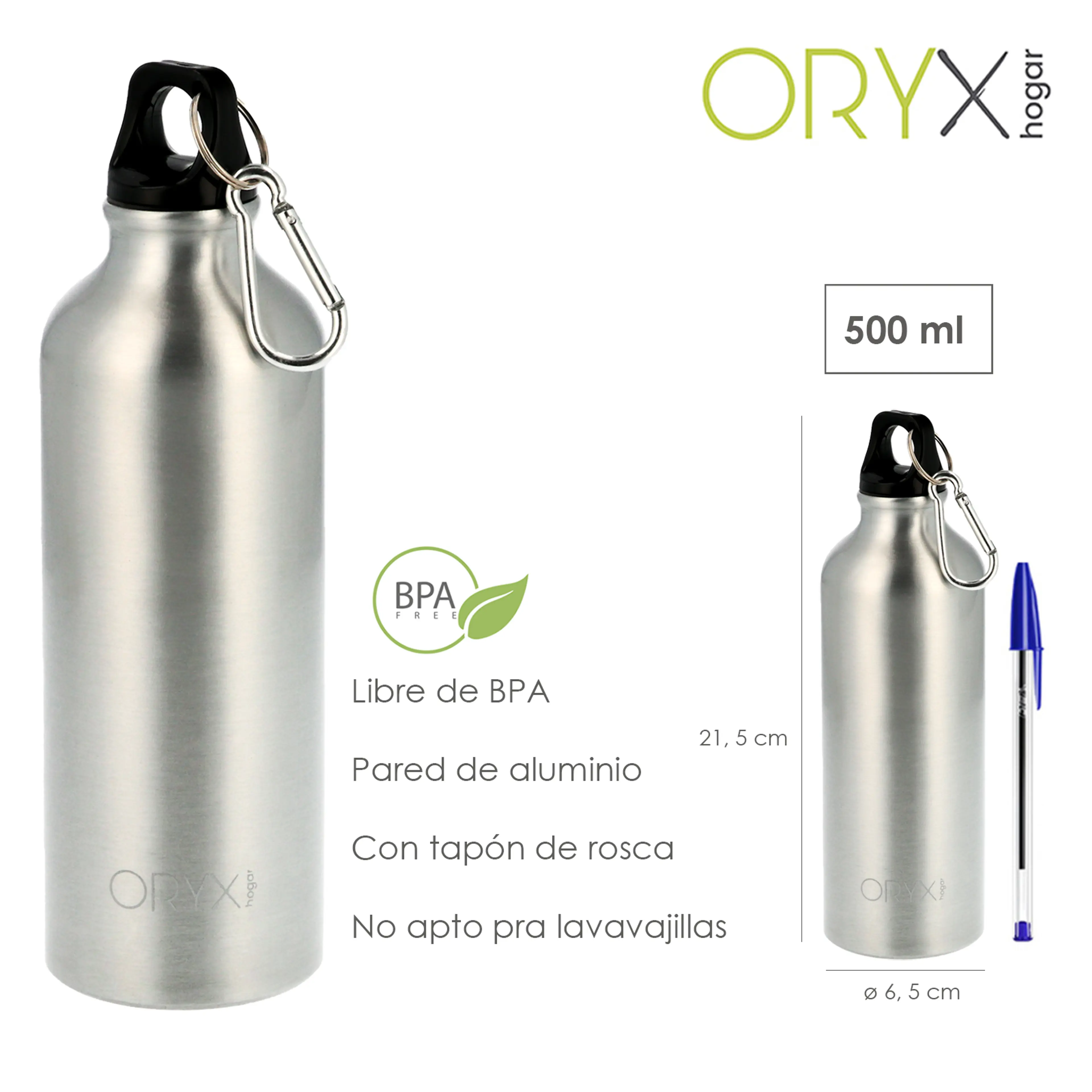 BOTELLA AGUA ALUMINIO CON MOSQUETÓN