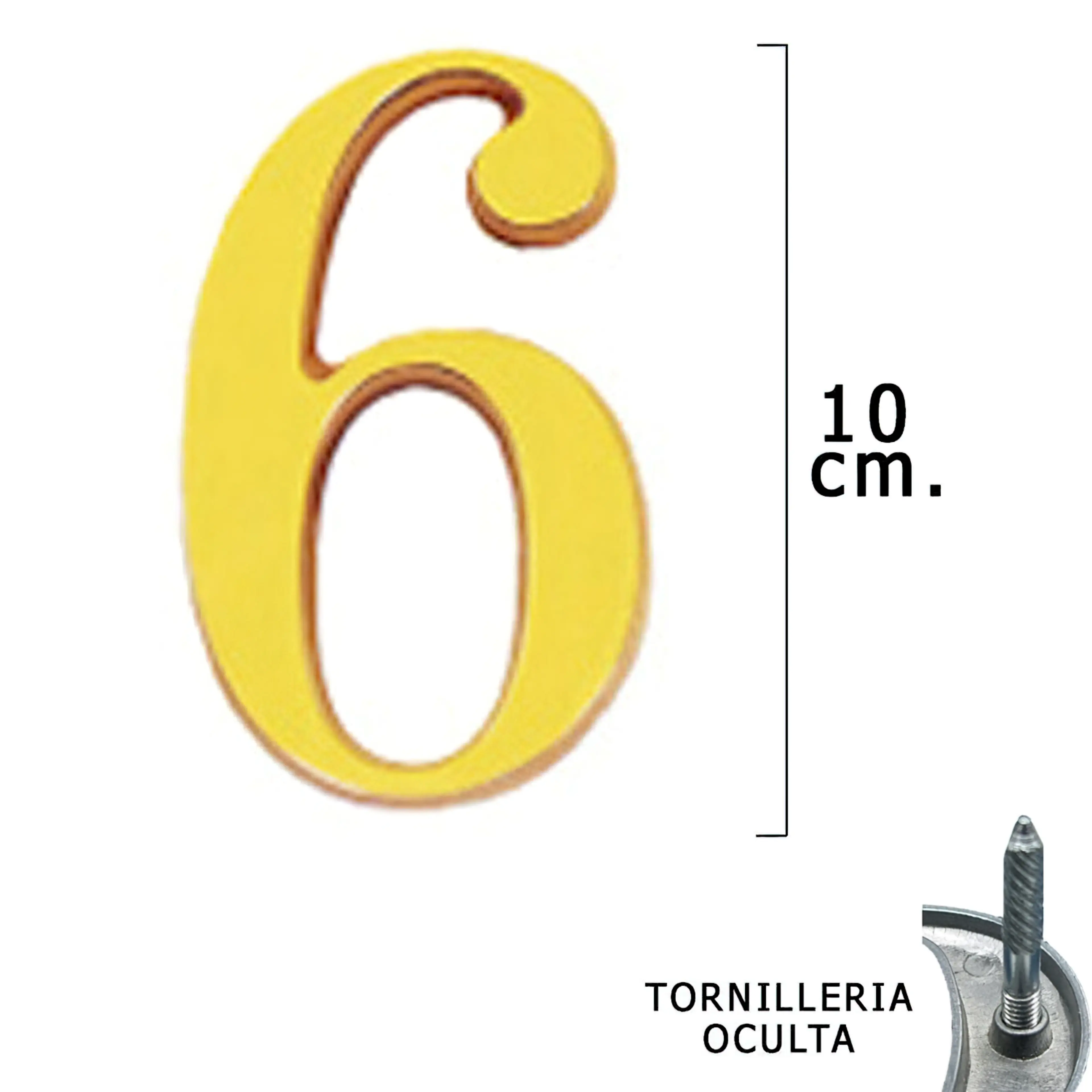 NUMERO LATÓN "6" 10 CM. CON TORNILL