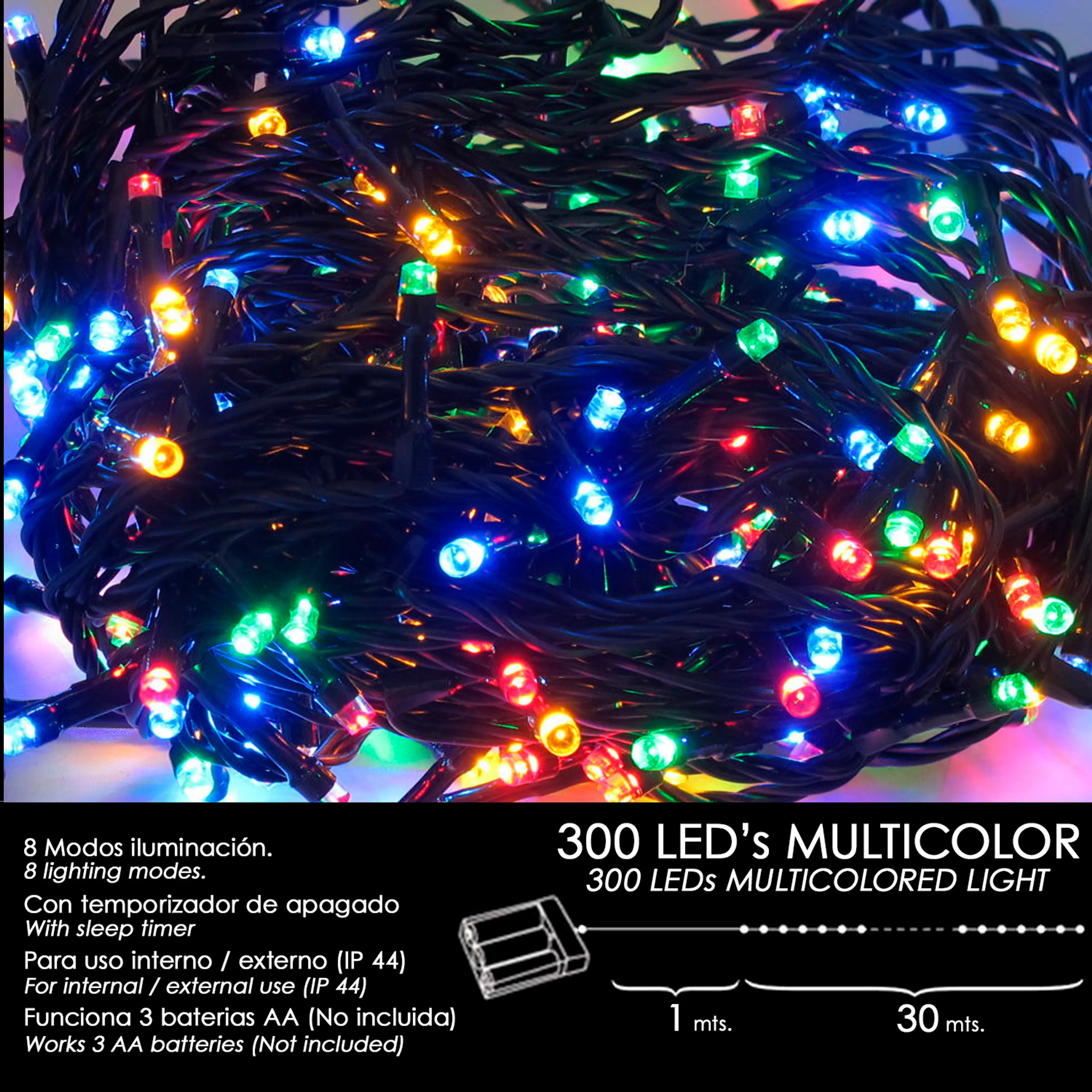 LUCES NAVIDAD A PILAS 300 LEDS MULT