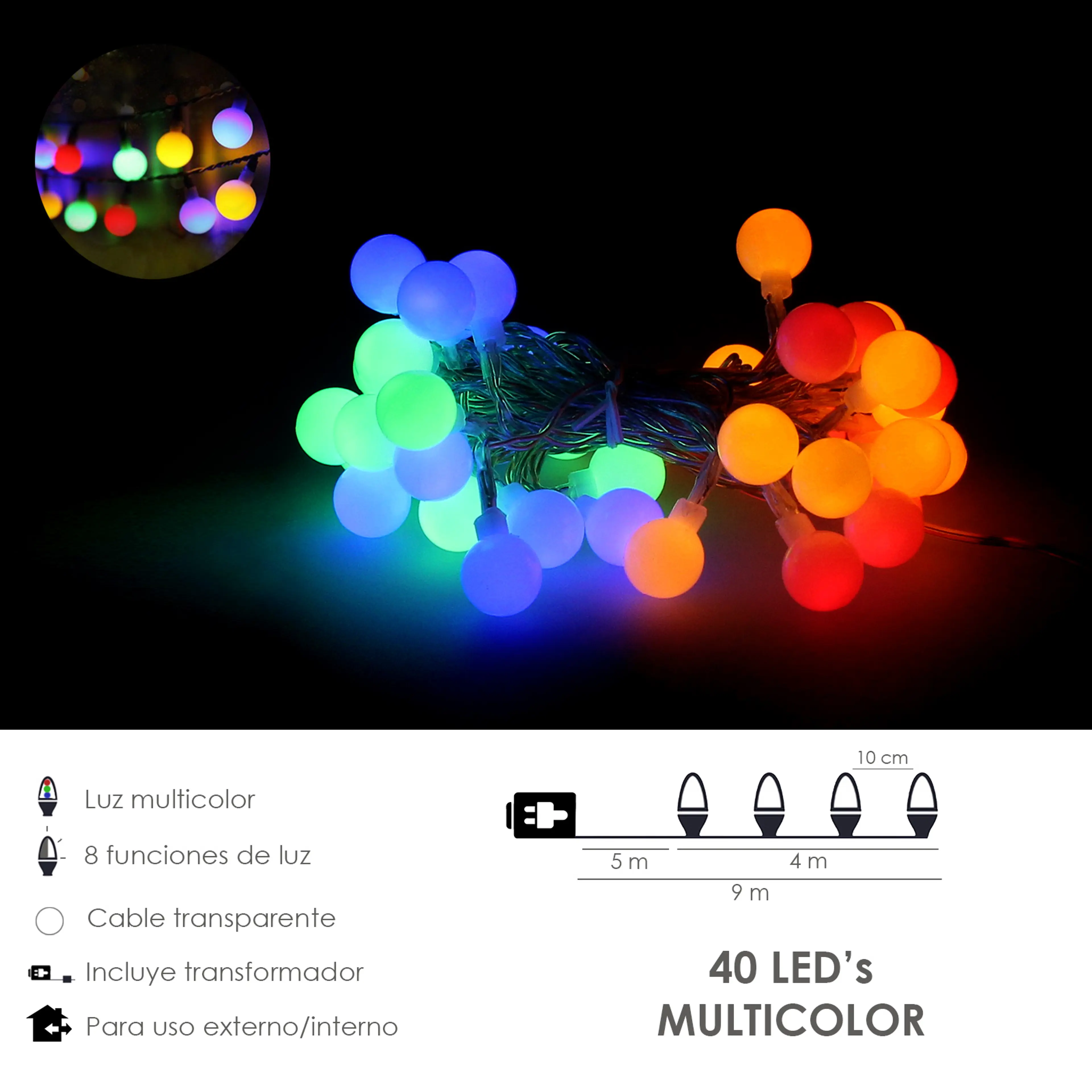 LUCES NAVIDAD ESFERA 40 LEDS MULTIC