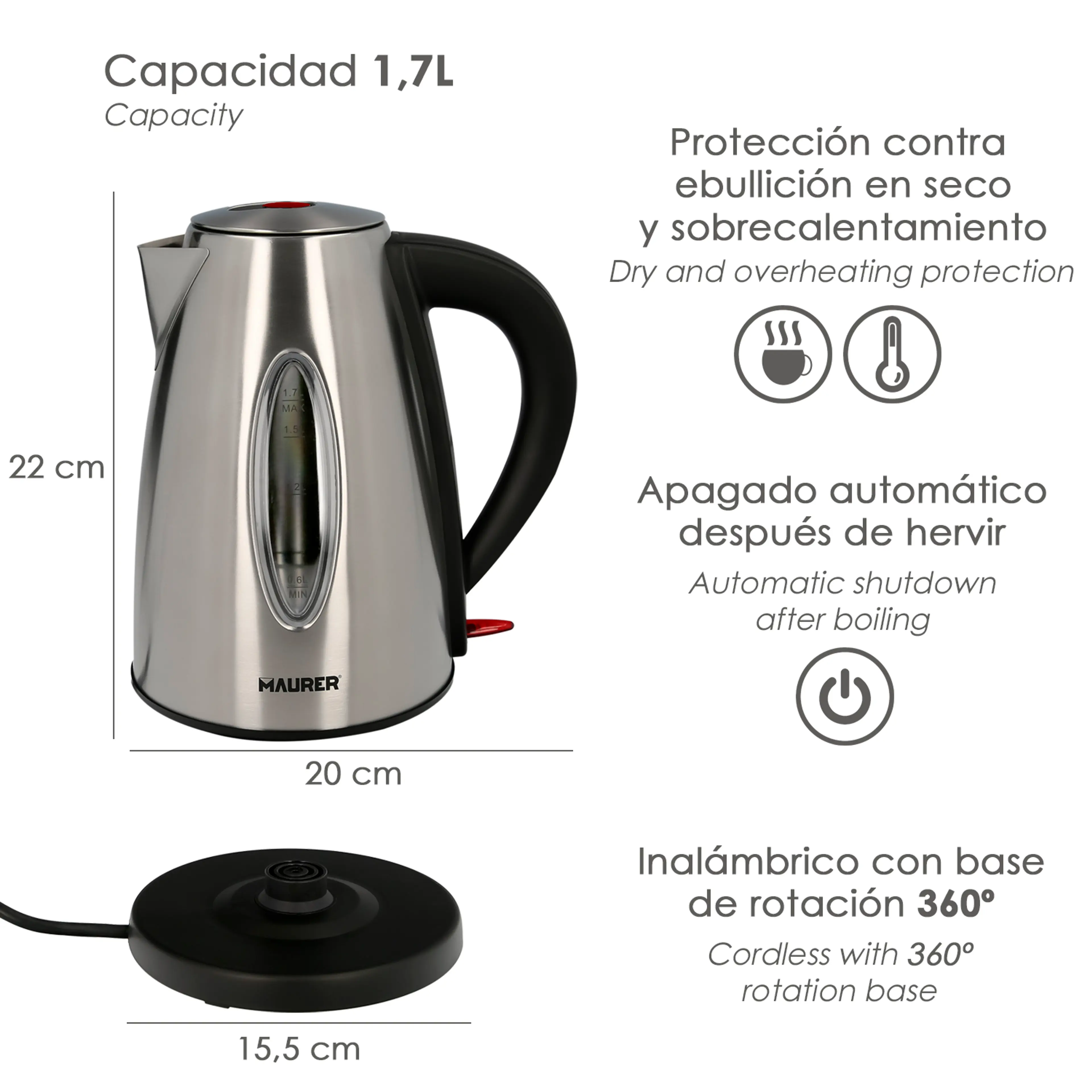 HERVIDOR DE AGUA 1,7 LITROS. 2200 W
