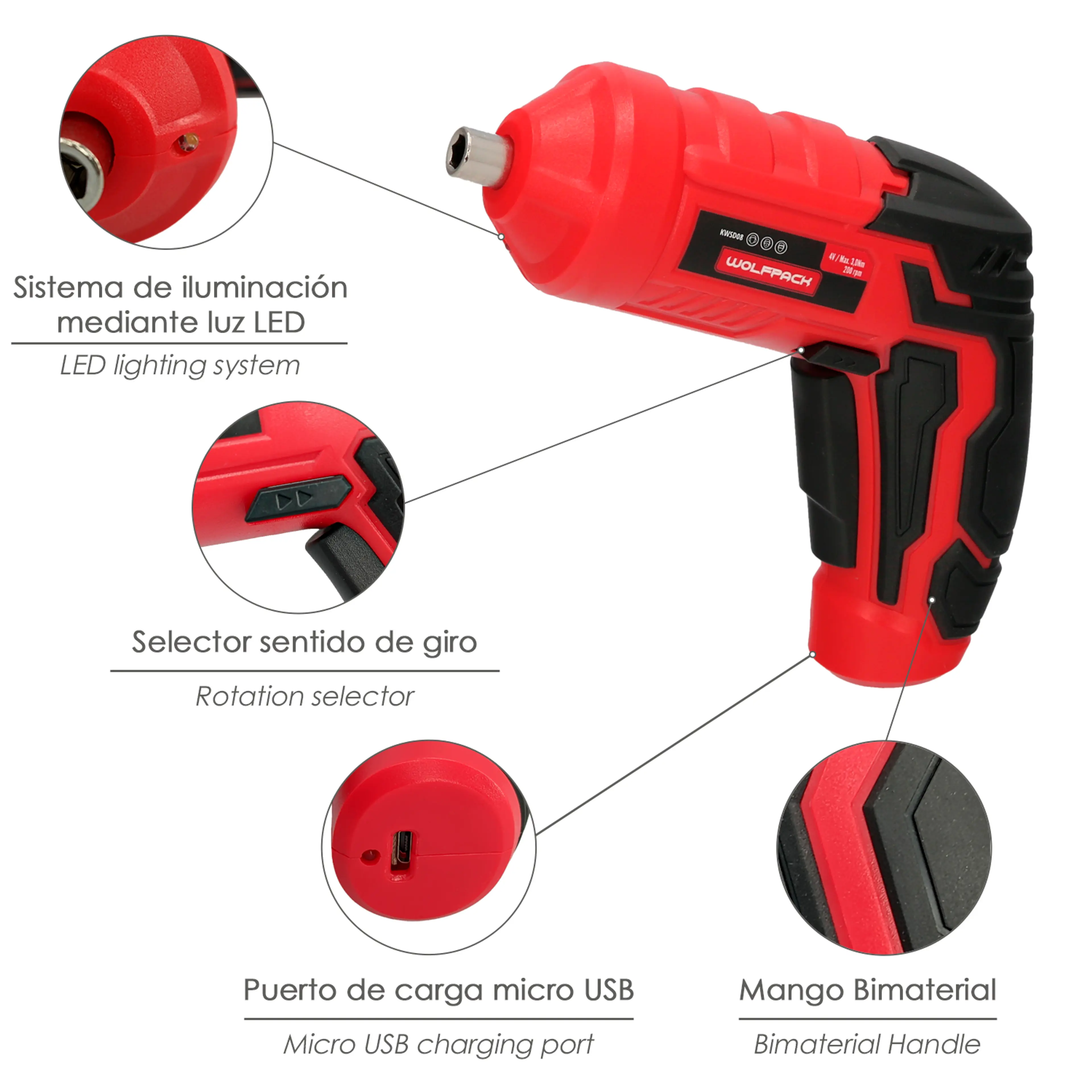 ATORNILLADOR 4 V. CON LED, FUNDA Y 