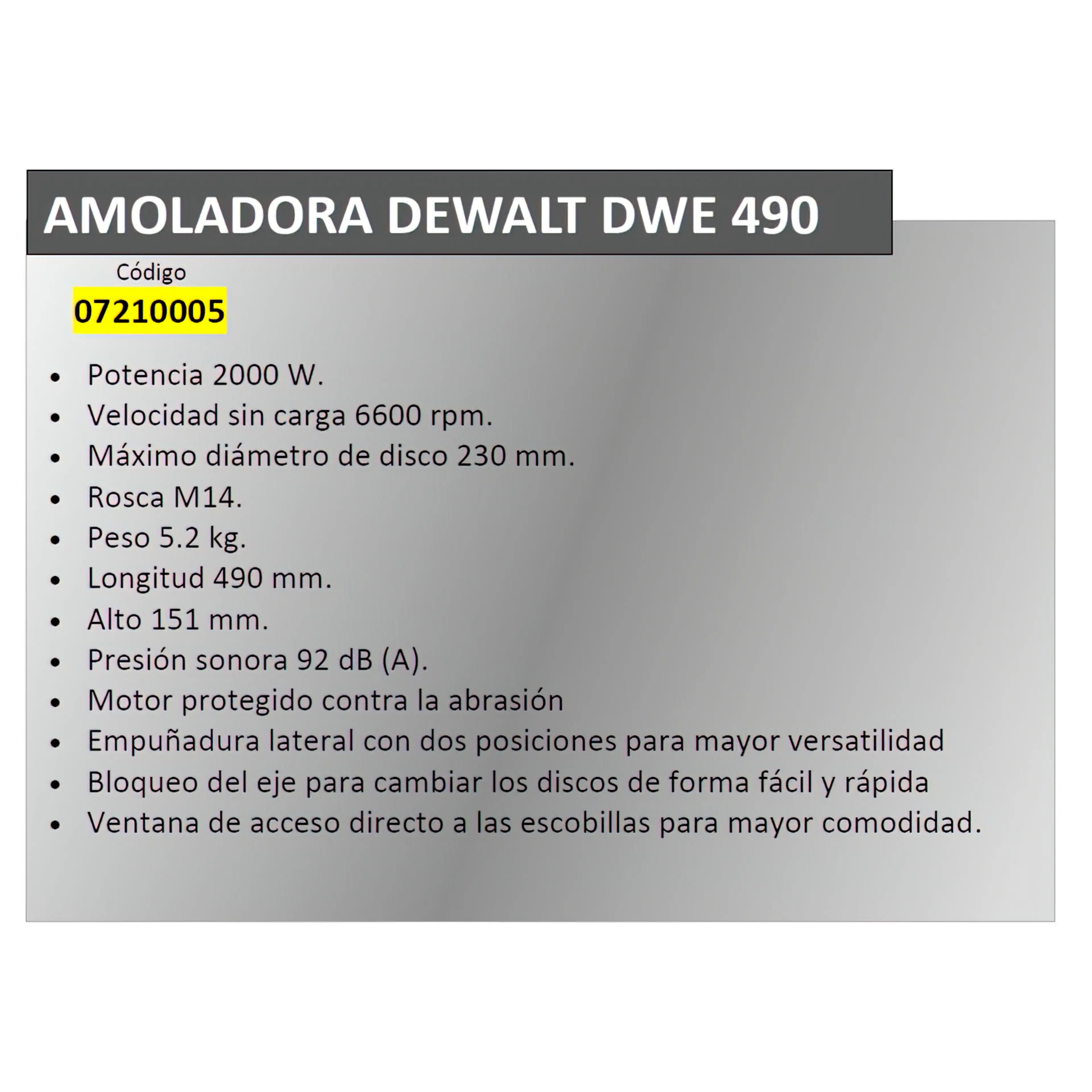 AMOLADORA DEWALT 2000 W. DWE 490
